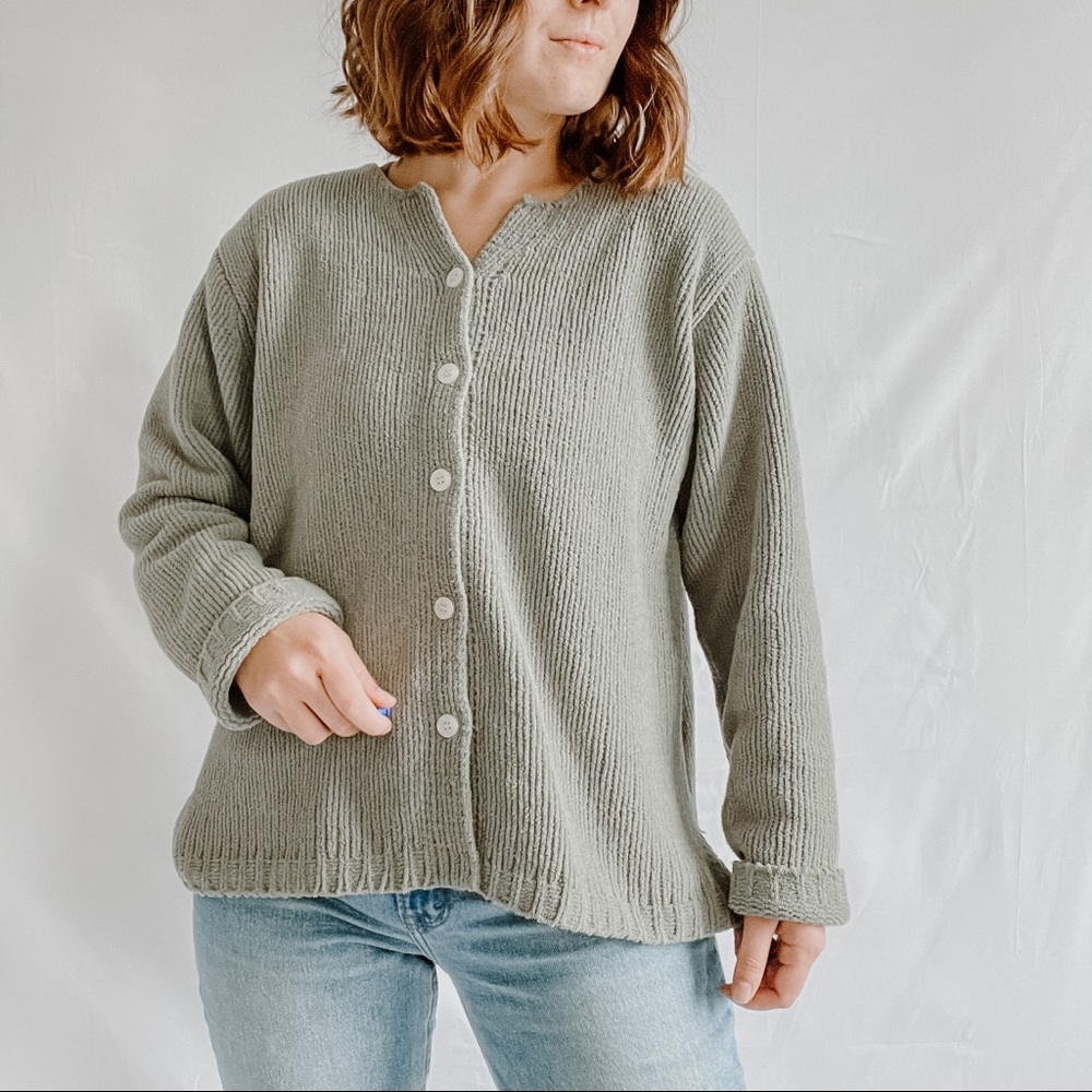 ORVIS | Vintage Meadow Green Chenille Button Down Sweater Sz L